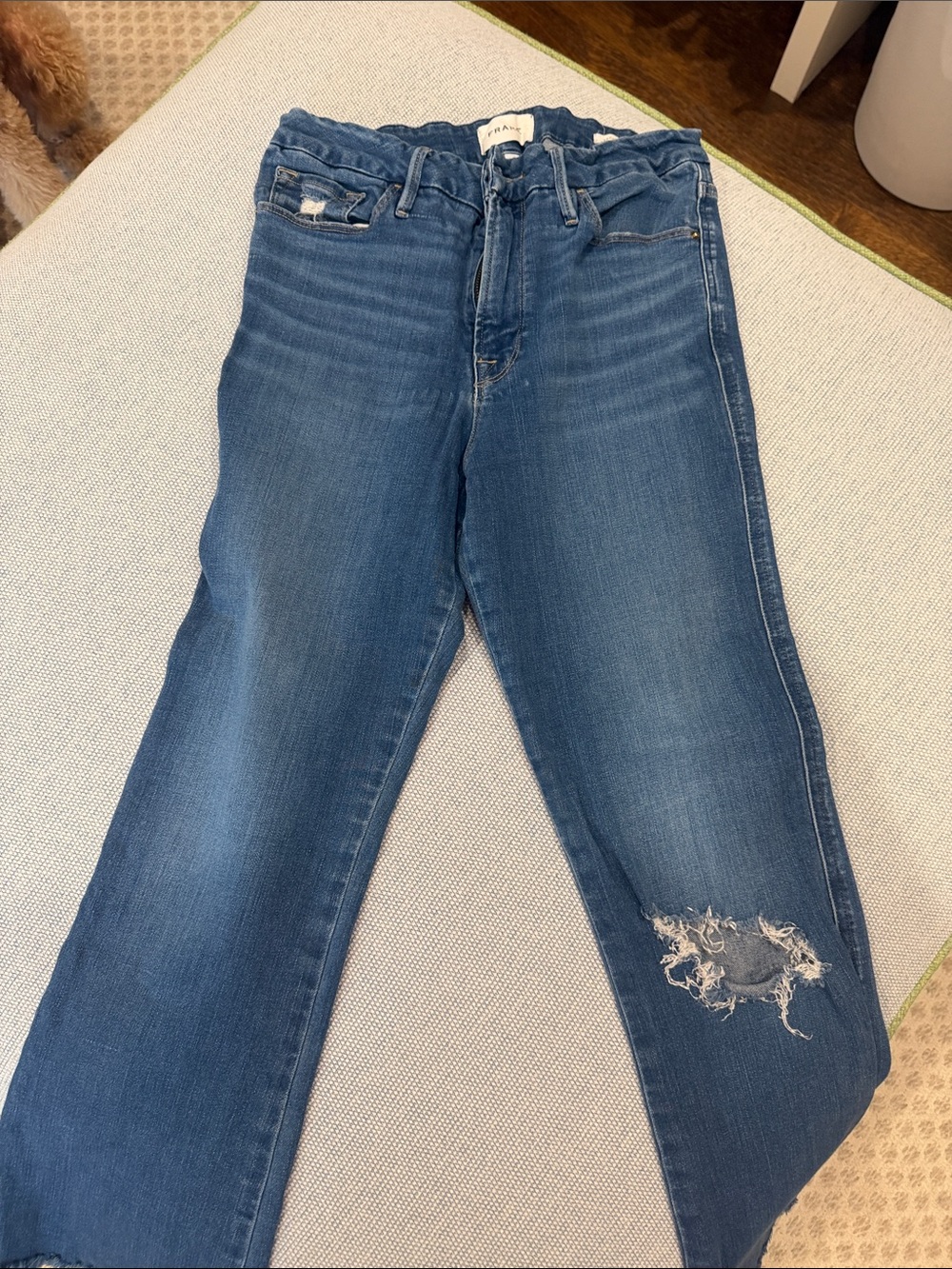 FRAME Womens Blue Distressed Straight-Leg Jeans
